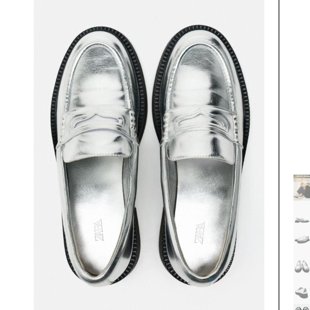 Zara Metallic Silver Penny Loafers with Black Sole